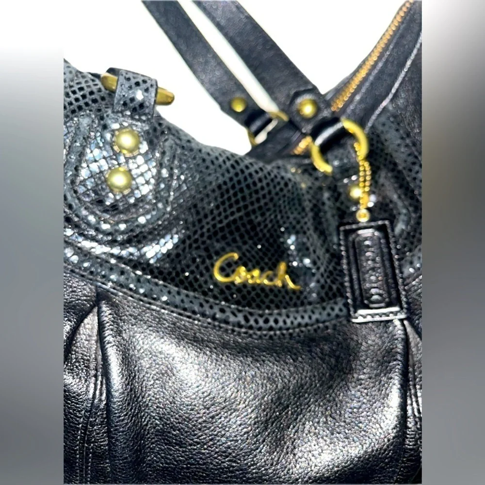 COACH Ashley Black Leather Python Trim Purse Shoulder Hobo Handbag F20104